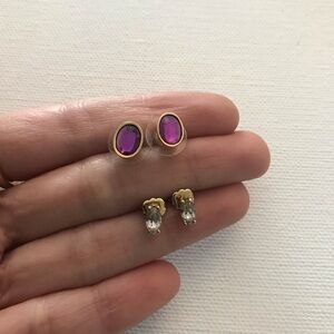Vintage Avon Gold Tone Purple and Clear Rhinestone Stud Earrings Set of 2